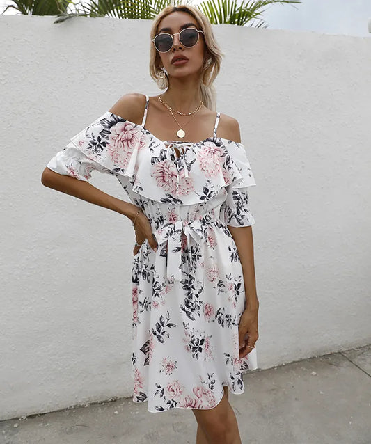 Abito estivo senza maniche con stampa di Chiffon a spalle scoperte Casual abito da donna